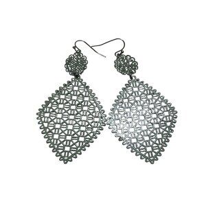 Pale Green Filigree Metal Dangle Earrings Lightweight Diamond Shape